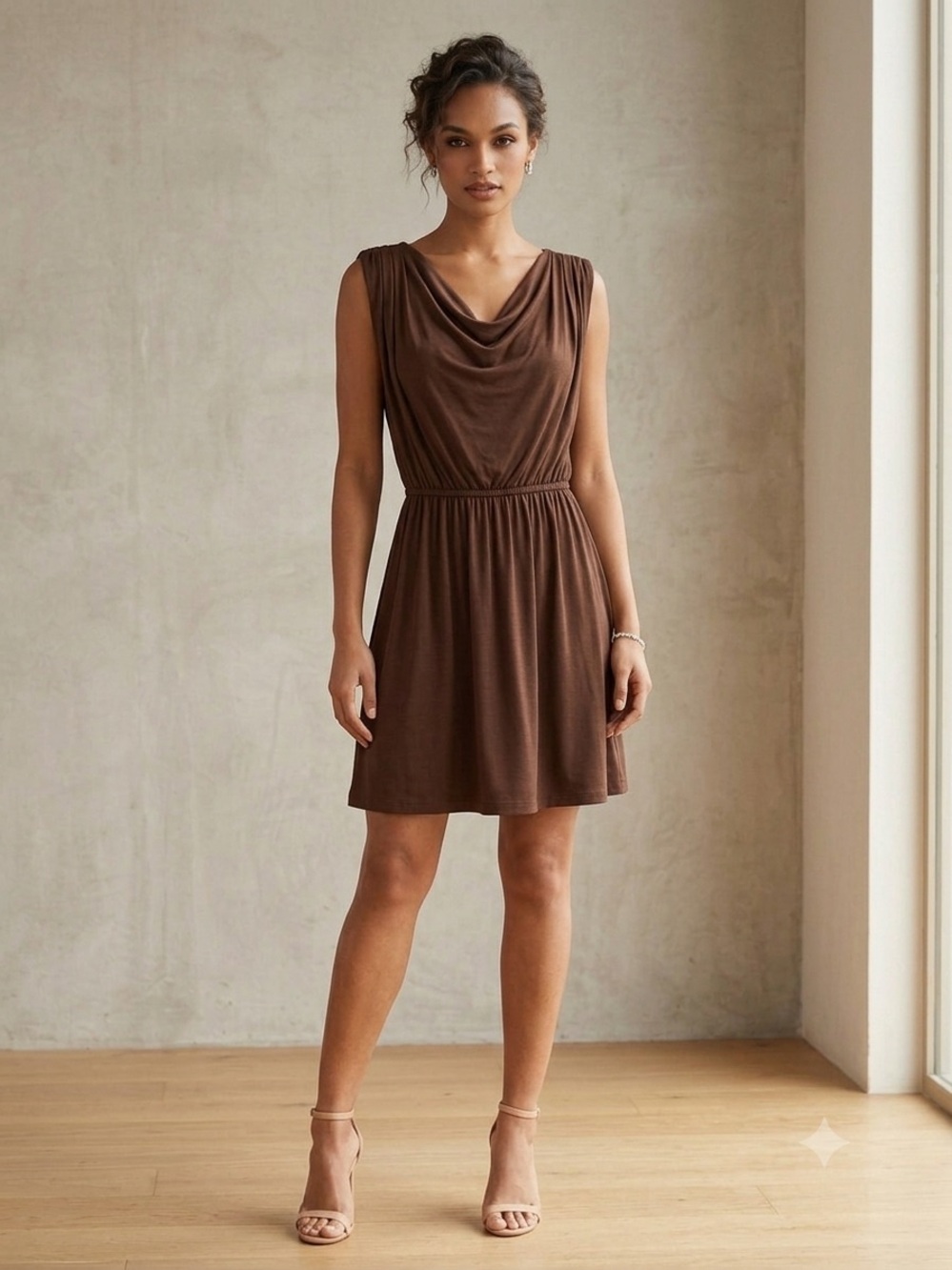 Eyeshadow Sleeveless Draped Mini Dress in Brown